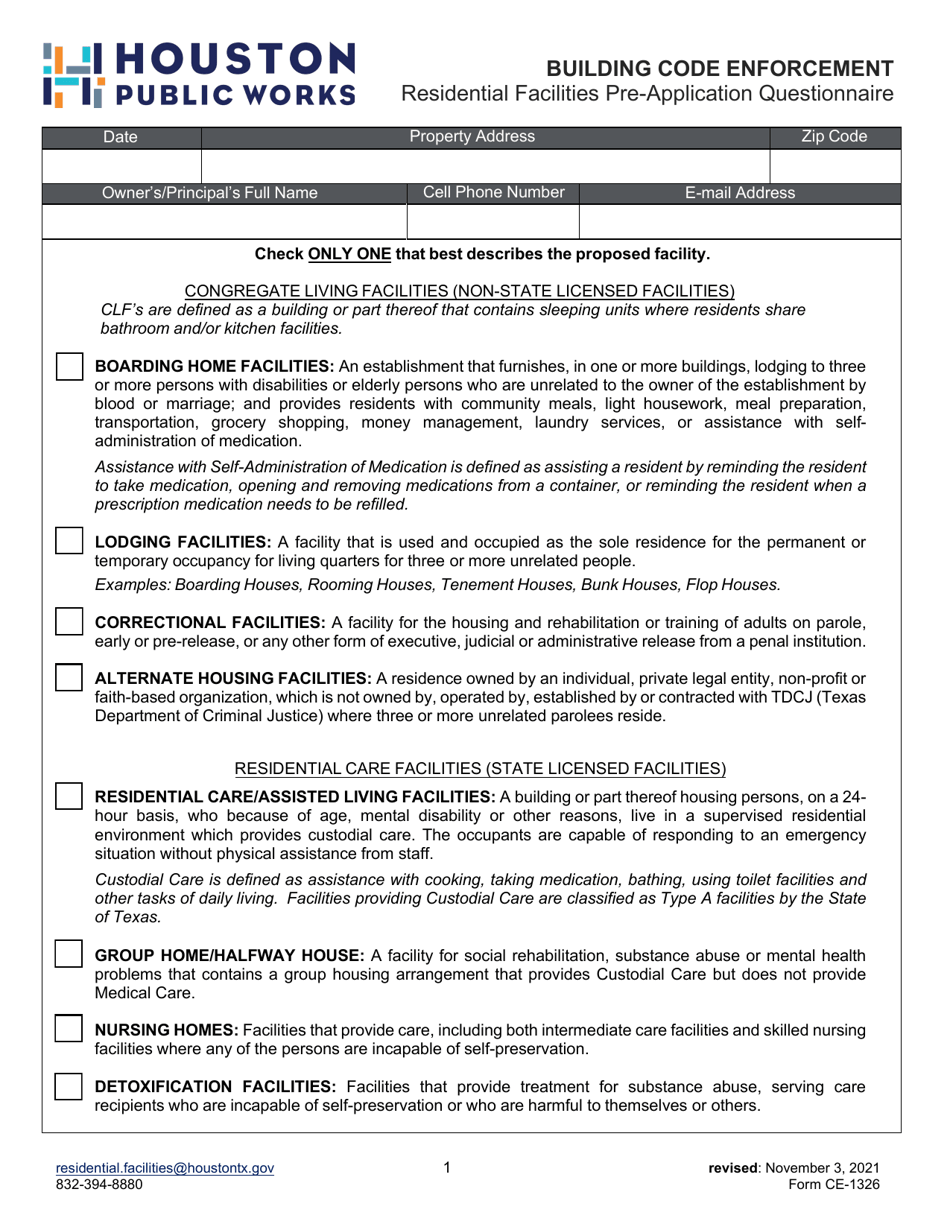 Form CE-1326 Residential Facilities Pre-application Questionnaire - City of Houston, Texas, Page 1