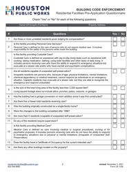 Form CE-1326 Residential Facilities Pre-application Questionnaire - City of Houston, Texas, Page 2
