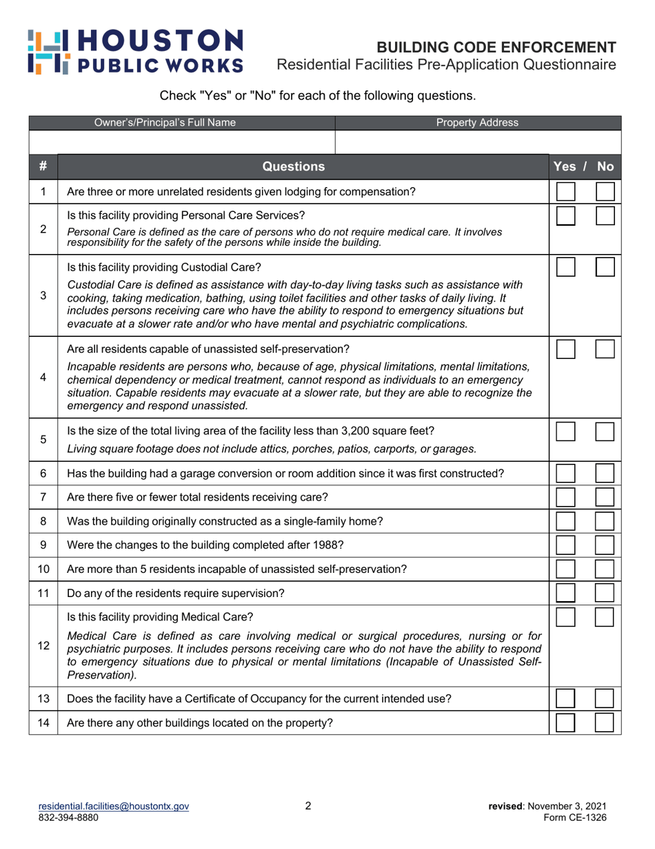 Form CE-1326 Residential Facilities Pre-application Questionnaire - City of Houston, Texas, Page 2
