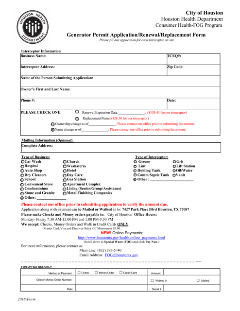 Generator Permit Application / Renewal / Replacement Form - City of Houston, Texas Download Pdf