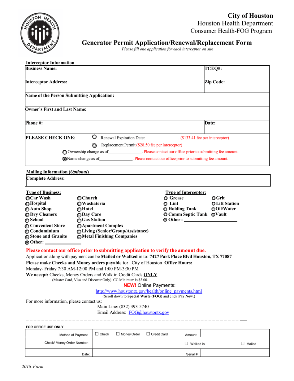 Generator Permit Application / Renewal / Replacement Form - City of Houston, Texas, Page 1