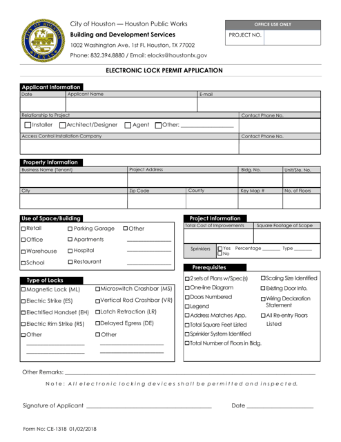 Form CE-1318 Electronic Lock Permit Application - City of Houston, Texas
