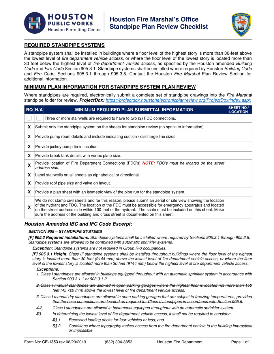 Form CE-1353 Standpipe Plan Review Checklist - City of Houston, Texas, Page 1