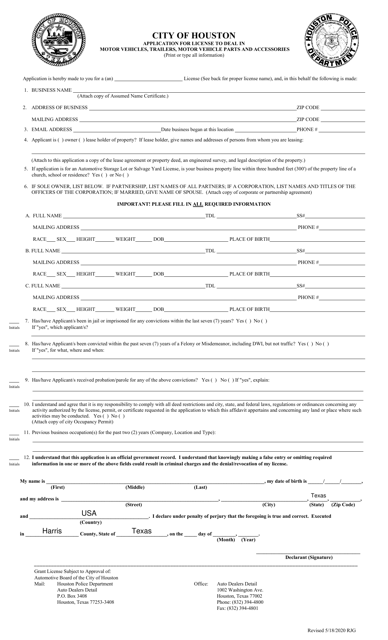 Application for License to Deal in Motor Vehicles, Trailers, Motor Vehicle Parts and Accessories - City of Houston, Texas Download Pdf