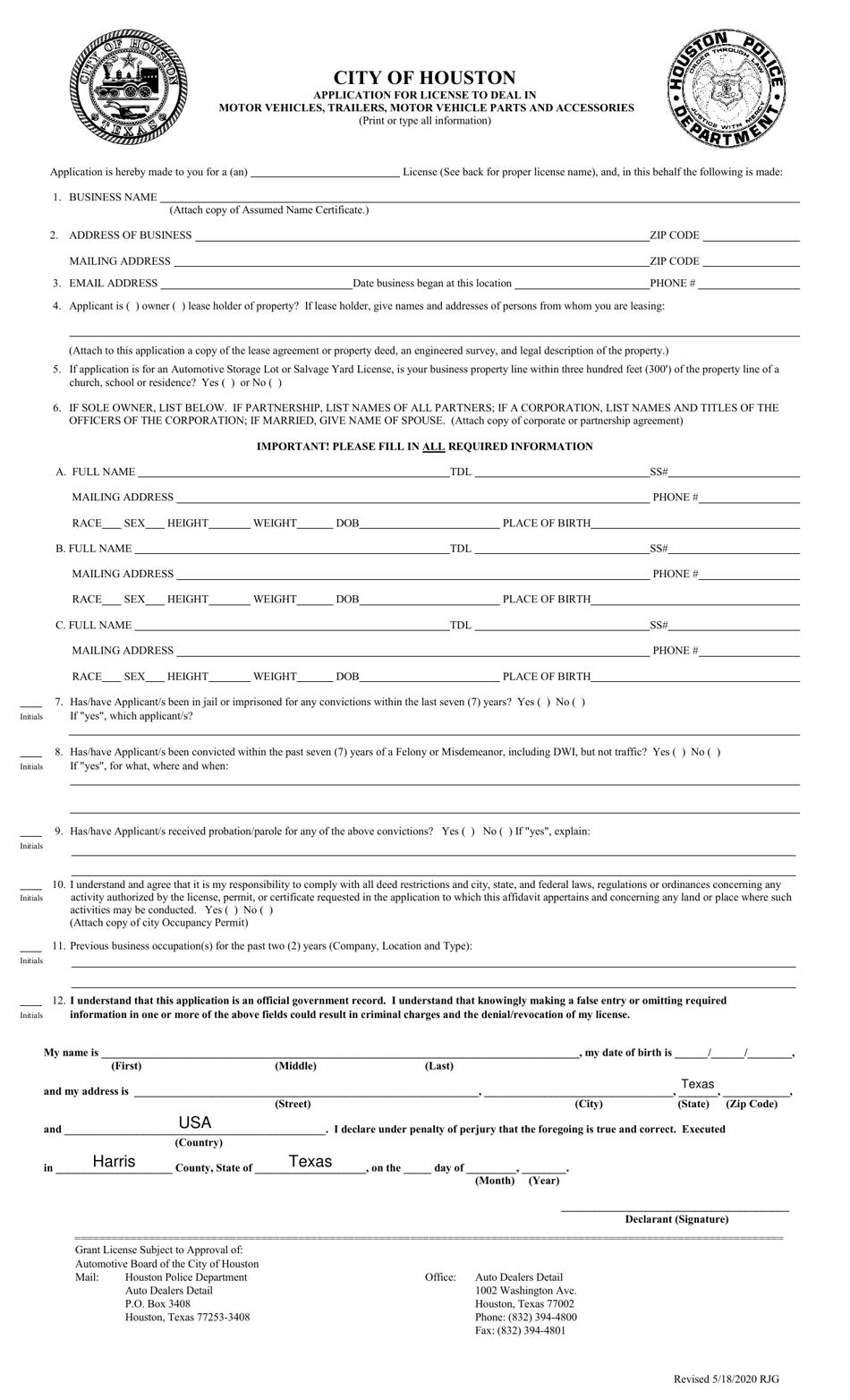 Application for License to Deal in Motor Vehicles, Trailers, Motor Vehicle Parts and Accessories - City of Houston, Texas, Page 1