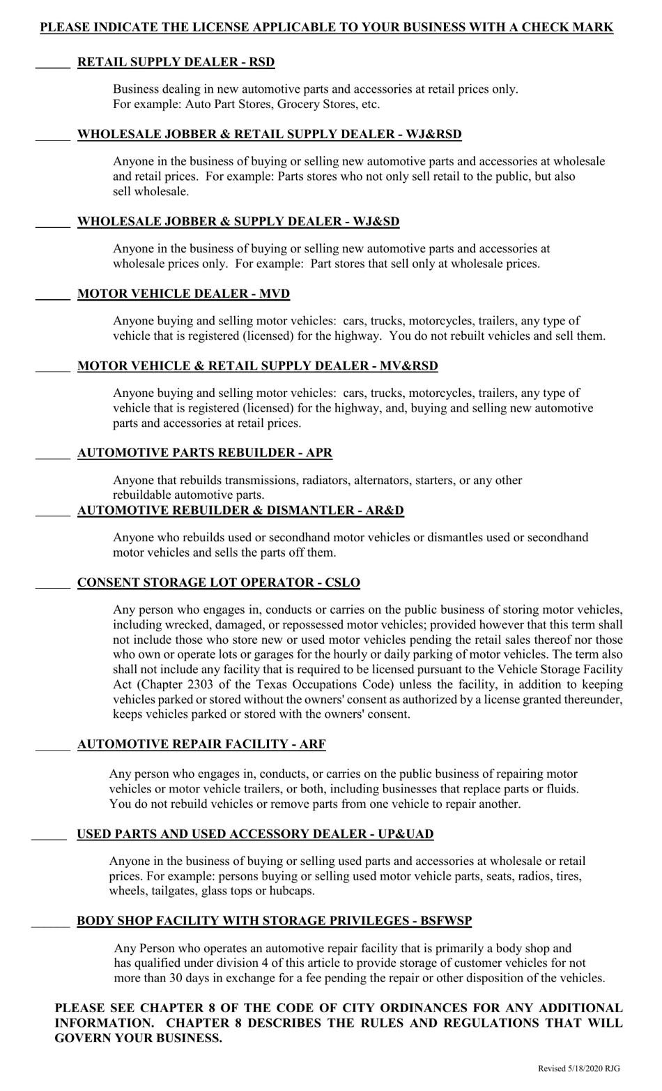 Application for License to Deal in Motor Vehicles, Trailers, Motor Vehicle Parts and Accessories - City of Houston, Texas, Page 2