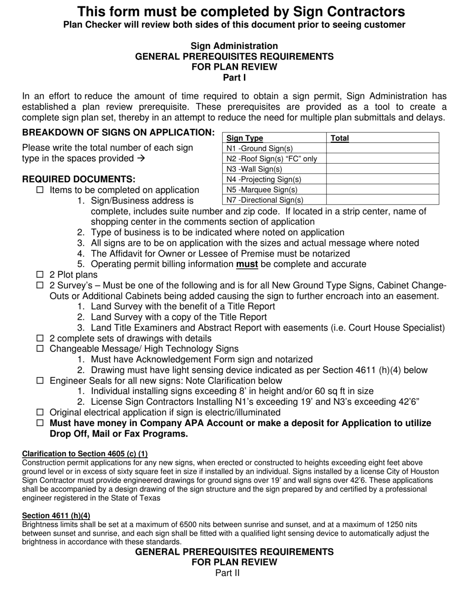 Sign Administration General Prerequisites Requirements for Plan Review - City of Houston, Texas, Page 1