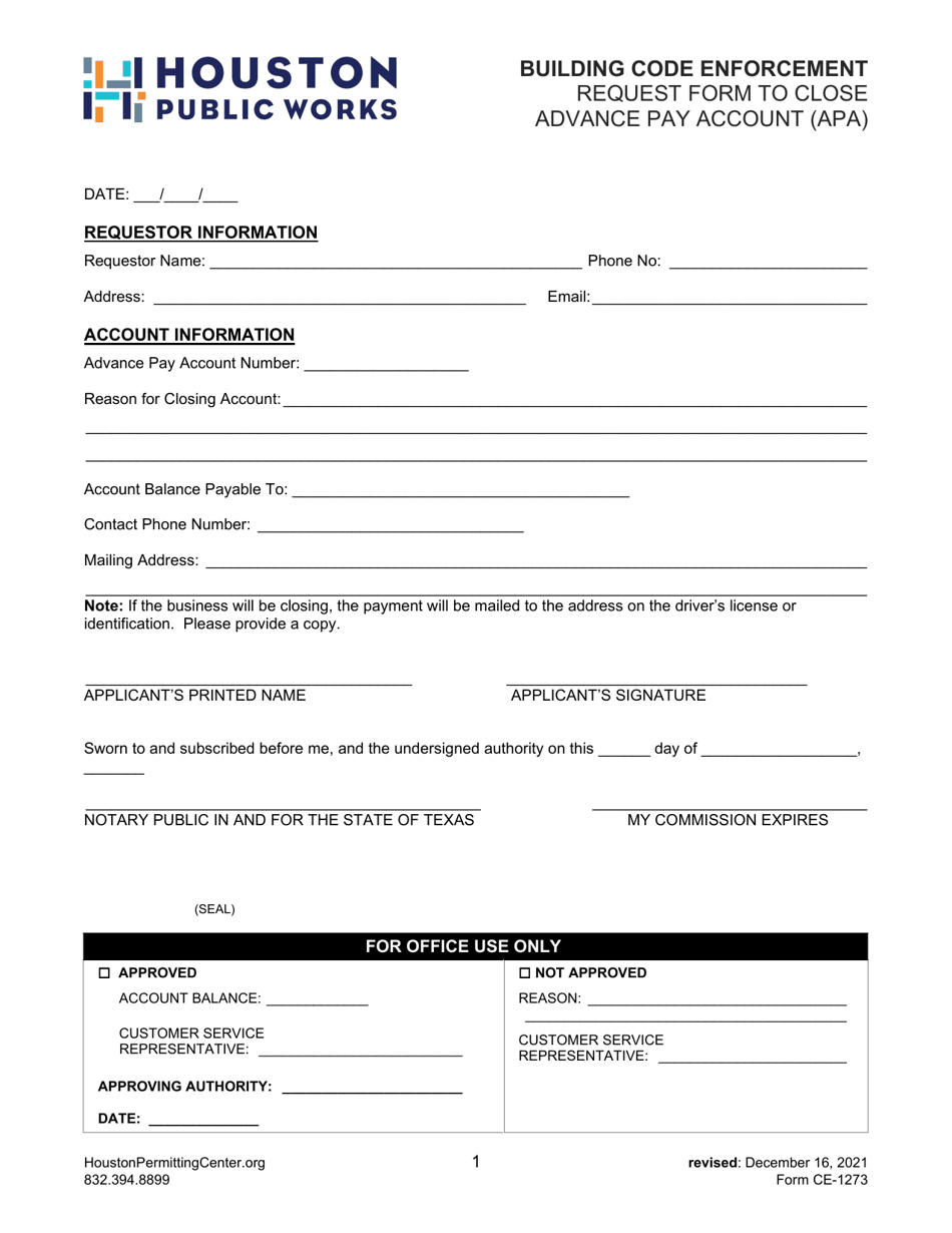 Form CE-1273 Request Form to Close Advance Pay Account (Apa) - City of Houston, Texas, Page 1