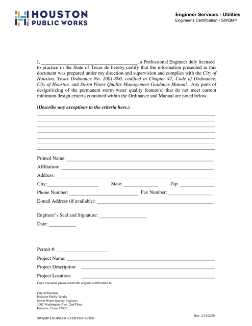 Engineer's Certification - Swqmp - City of Houston, Texas Download Pdf