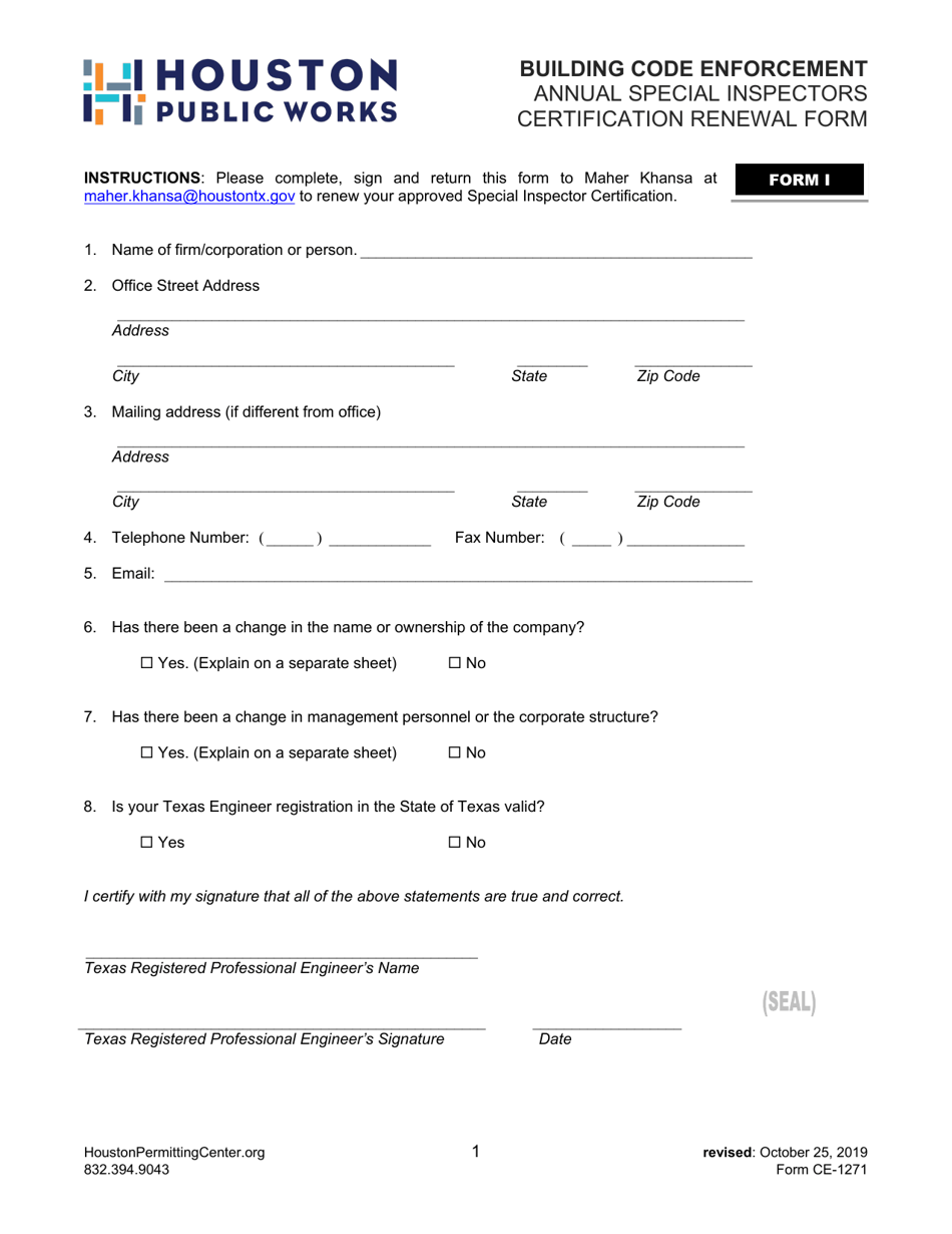 Form I (CE-1271) Annual Special Inspectors Certification Renewal Form - City of Houston, Texas, Page 1