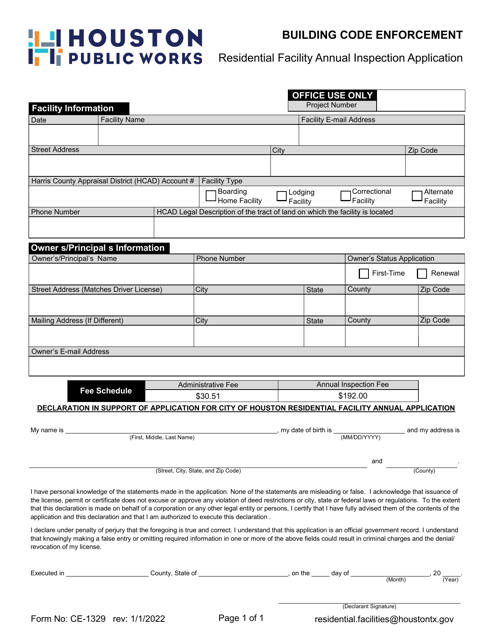 Form CE-1329 Residential Facility Annual Inspection Application - City of Houston, Texas