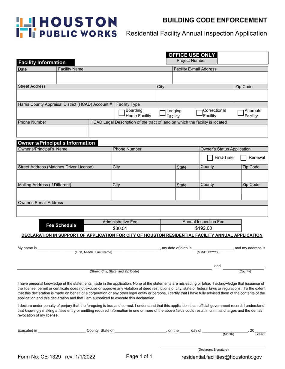 Form CE-1329 Residential Facility Annual Inspection Application - City of Houston, Texas, Page 1