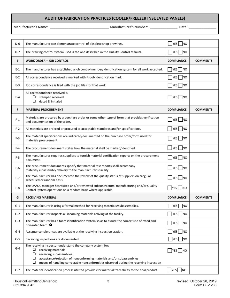 Form E (CE-1283) Audit of Fabrication Practices (Cooler / Freezer Insulated Panels) - City of Houston, Texas, Page 3