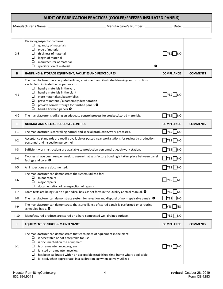 Form E (CE-1283) Audit of Fabrication Practices (Cooler / Freezer Insulated Panels) - City of Houston, Texas, Page 4