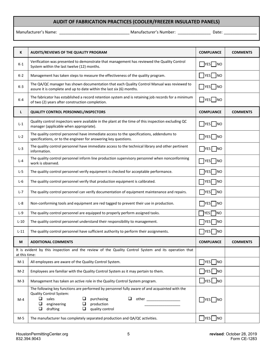 Form E (CE-1283) Audit of Fabrication Practices (Cooler / Freezer Insulated Panels) - City of Houston, Texas, Page 5