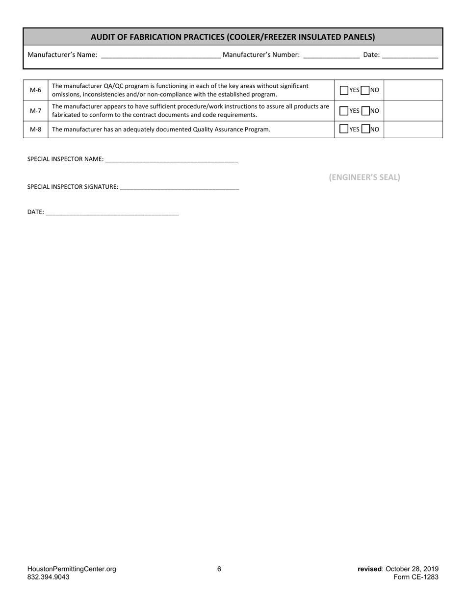 Form E (CE-1283) Audit of Fabrication Practices (Cooler / Freezer Insulated Panels) - City of Houston, Texas, Page 6