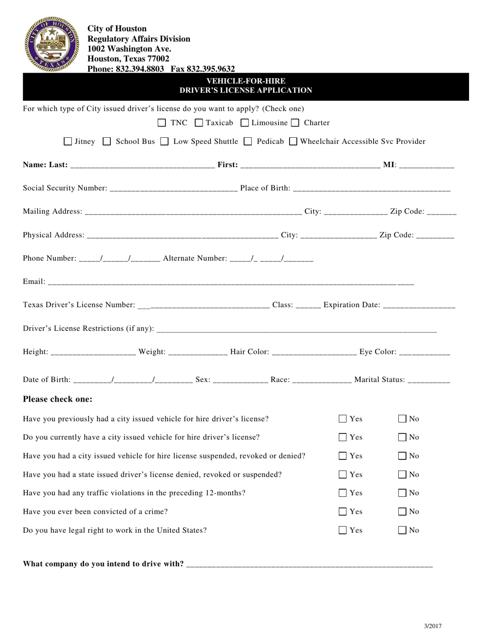 Vehicle-For-Hire Drivers License Application - City of Houston, Texas, Page 2