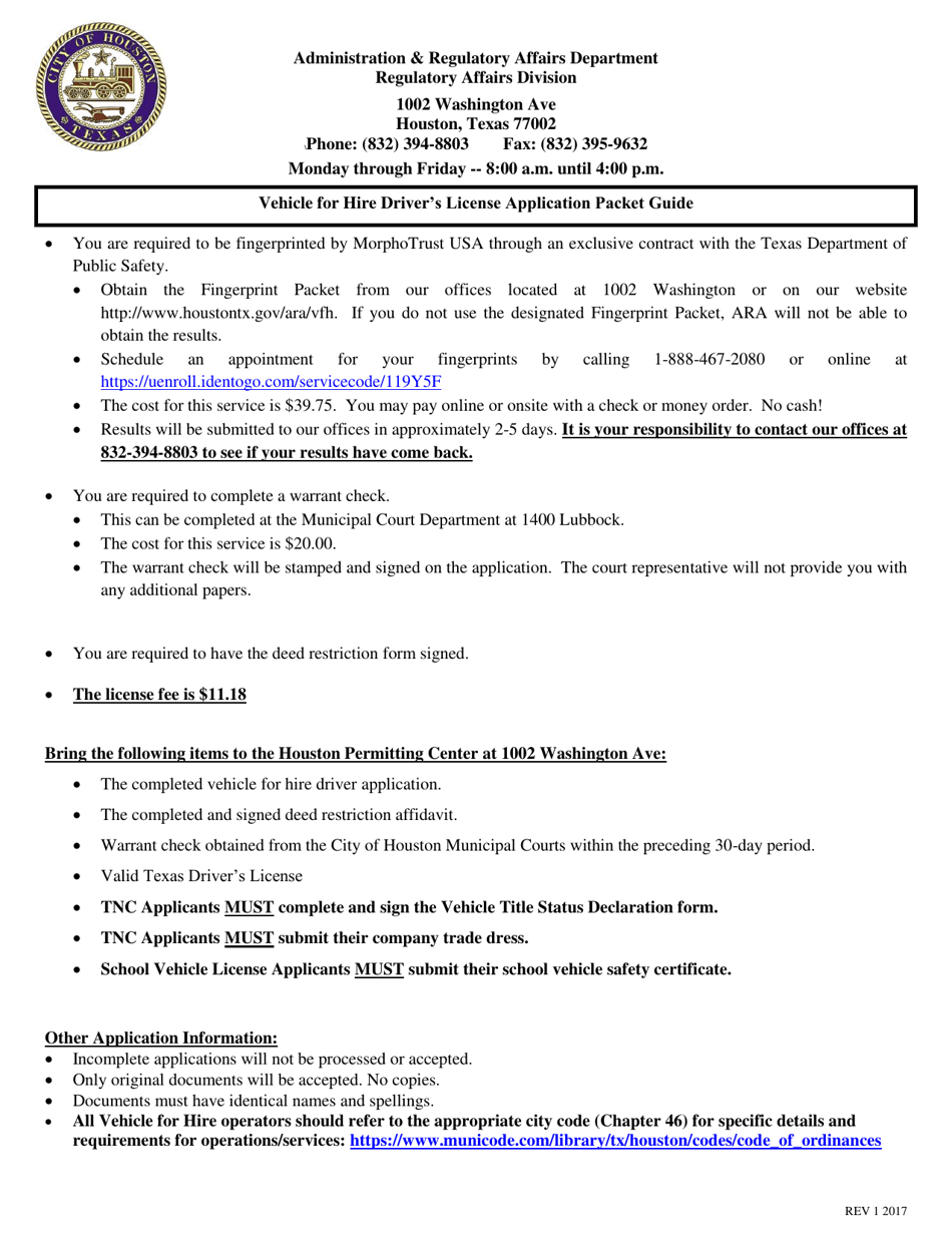 City of Houston, Texas Vehicle-For-Hire Driver's License Application ...