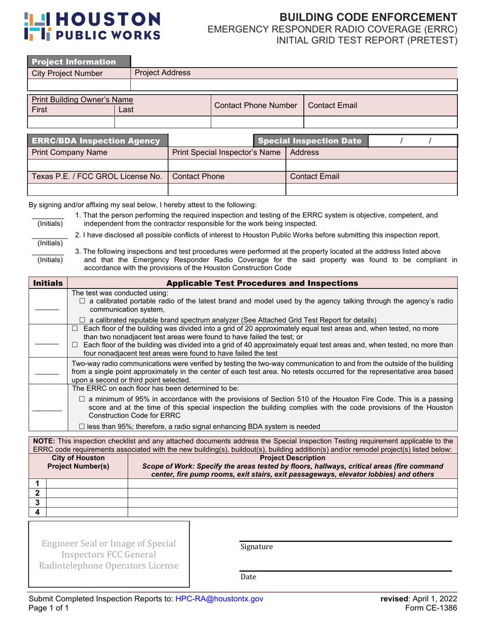 Form CE-1386 Emergency Responder Radio Coverage (Errc) Initial Grid Test Report (Pretest) - City of Houston, Texas, Page 1