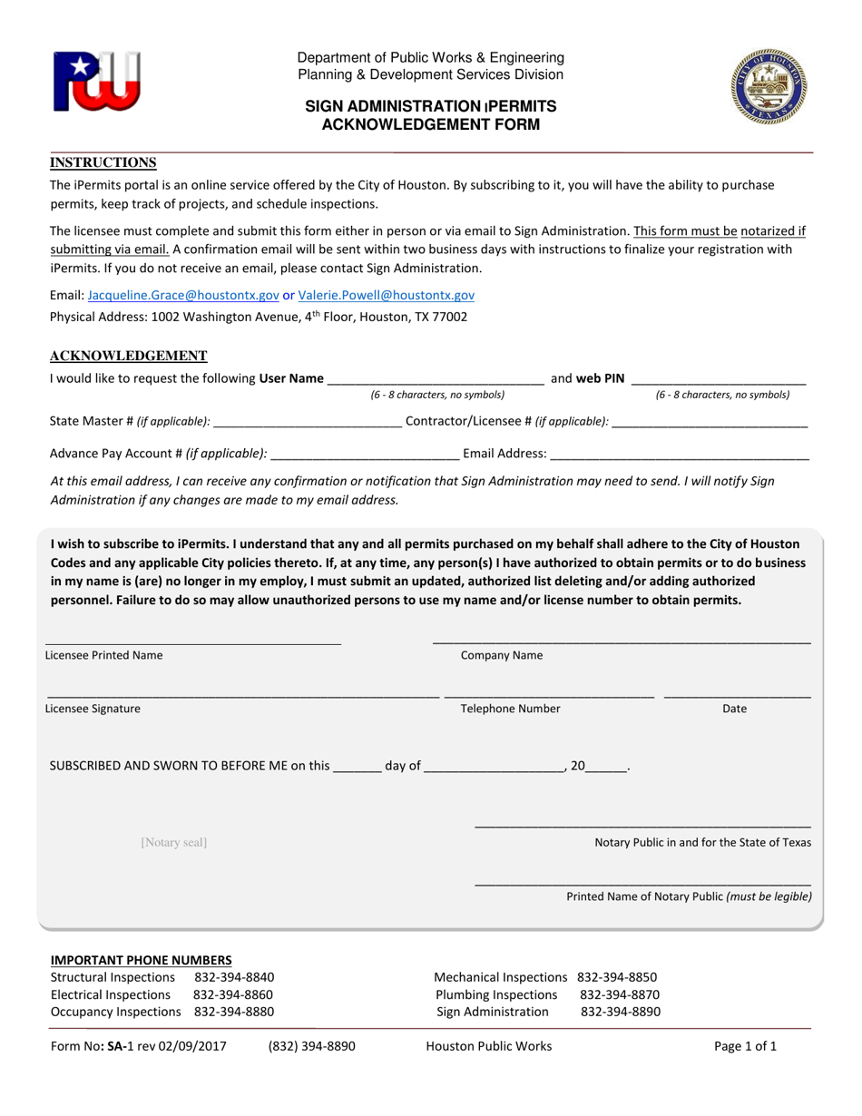 Form SA-1 Sign Administration Ipermits Acknowledgement Form - City of Houston, Texas, Page 1