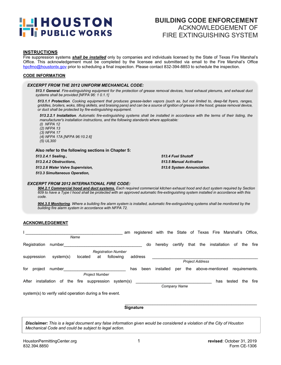 Form CE-1306 Acknowledgement of Fire Extinguishing System - City of Houston, Texas, Page 1