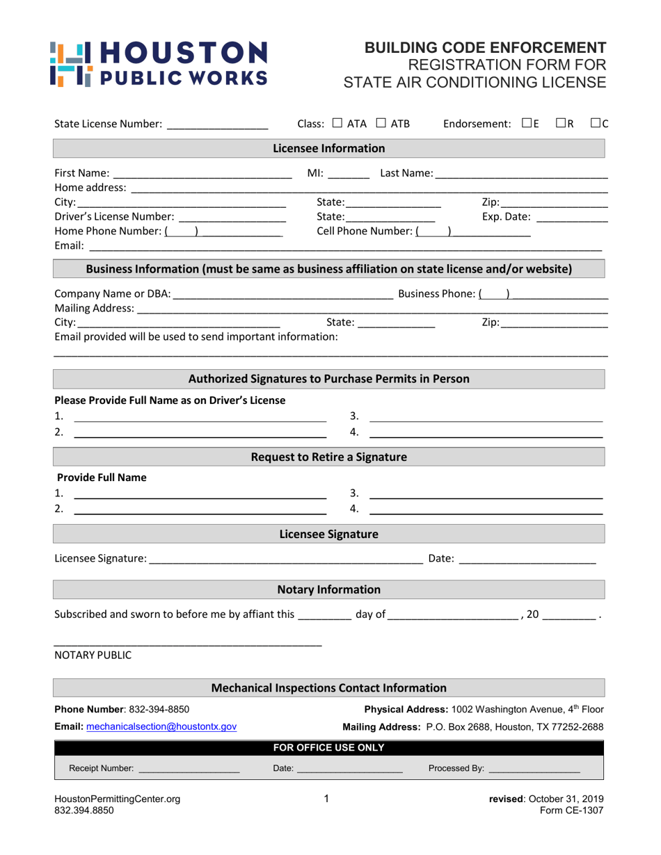 Form CE-1307 Registration Form for State Air Conditioning License - City of Houston, Texas, Page 1