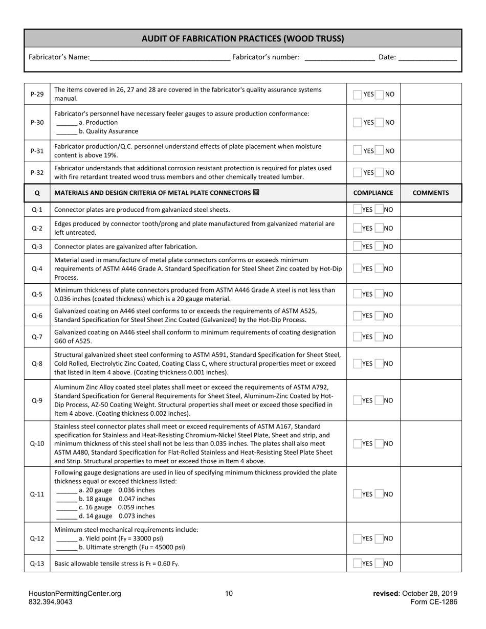 Form F (CE-1286) Audit of Fabrication Practices (Wood Truss) - City of Houston, Texas, Page 10