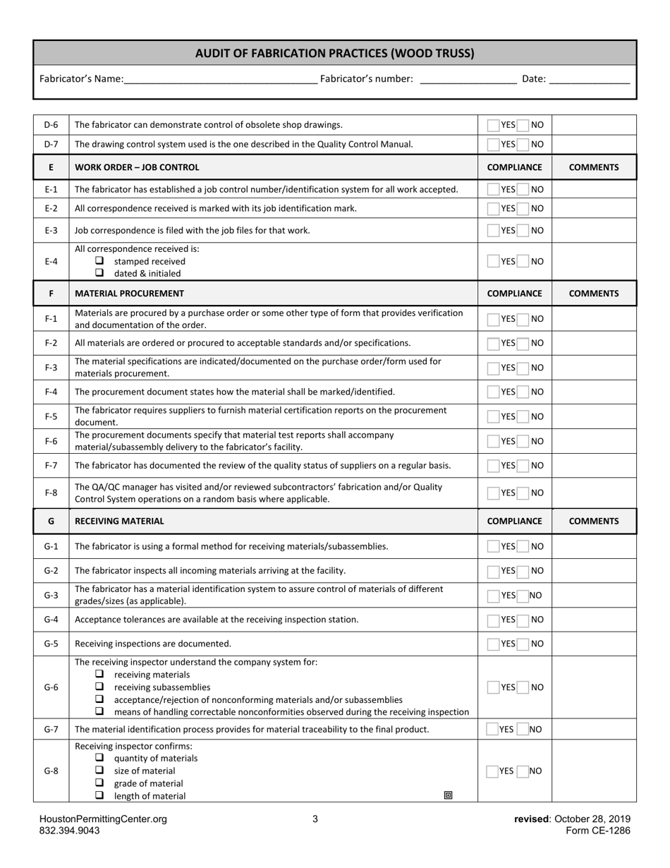 Form F (CE-1286) Audit of Fabrication Practices (Wood Truss) - City of Houston, Texas, Page 3