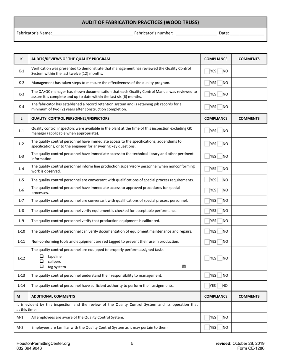 Form F (CE-1286) Audit of Fabrication Practices (Wood Truss) - City of Houston, Texas, Page 5