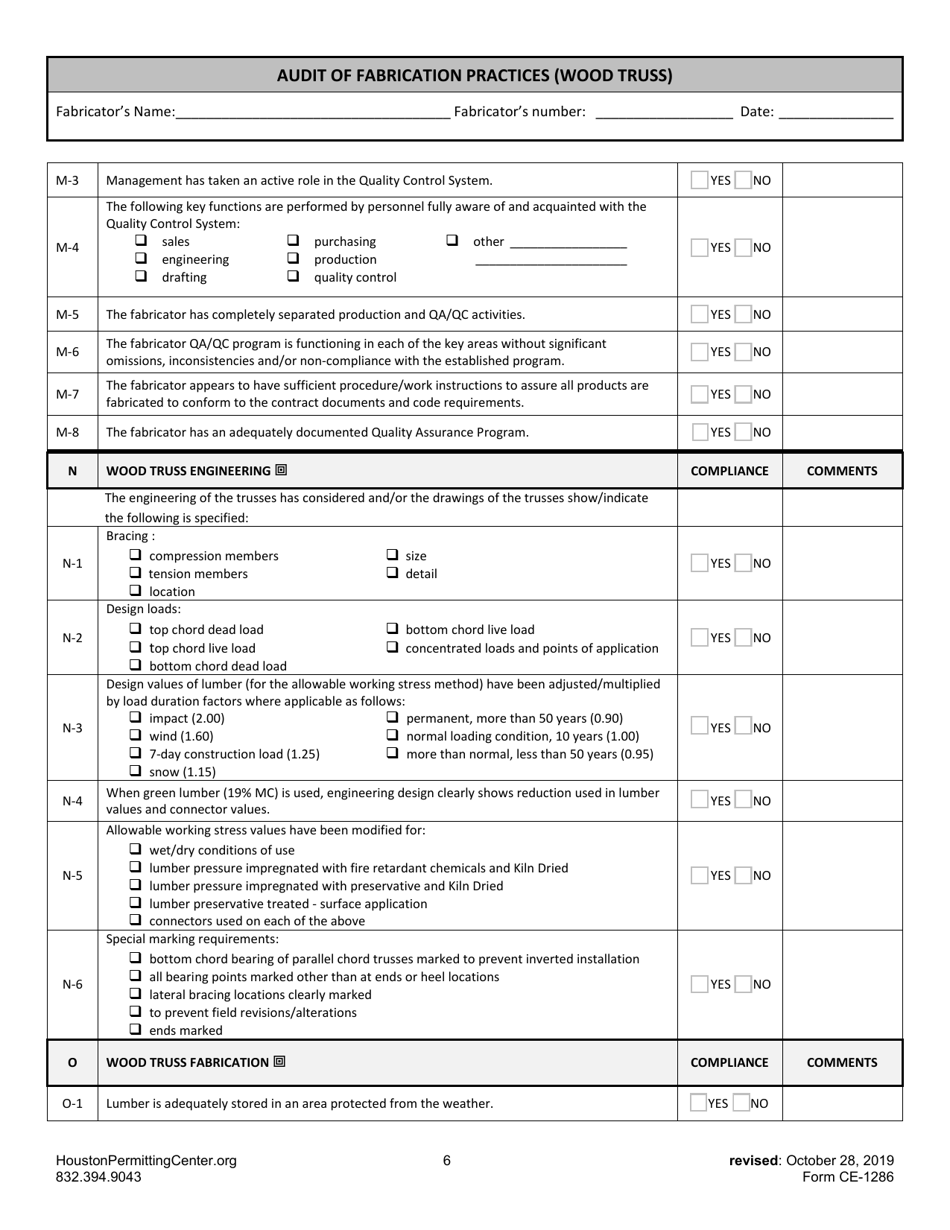 Form F (CE-1286) Audit of Fabrication Practices (Wood Truss) - City of Houston, Texas, Page 6