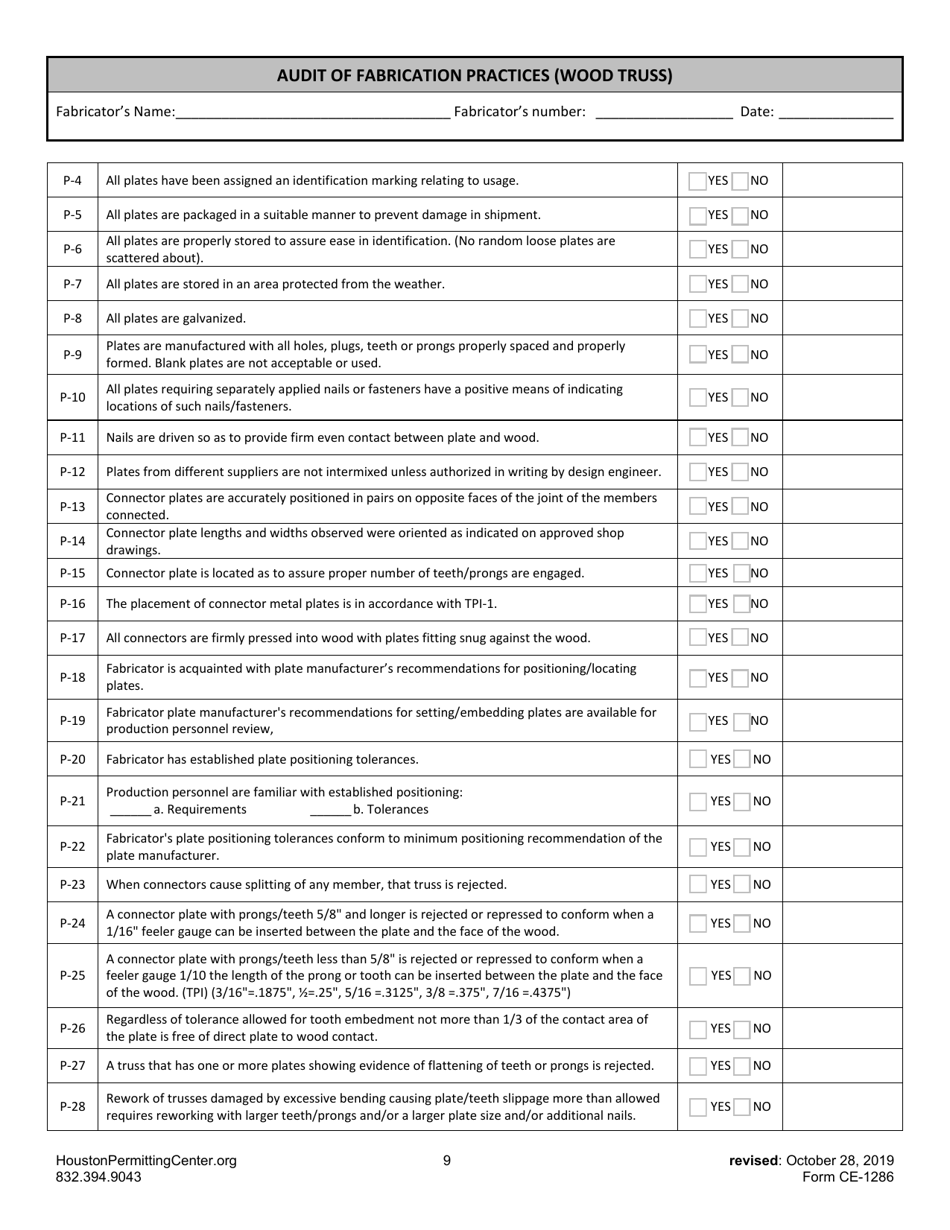 Form F (CE-1286) Audit of Fabrication Practices (Wood Truss) - City of Houston, Texas, Page 9