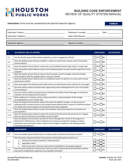 Form B (CE-1281) Review of Quality System Manual - City of Houston, Texas