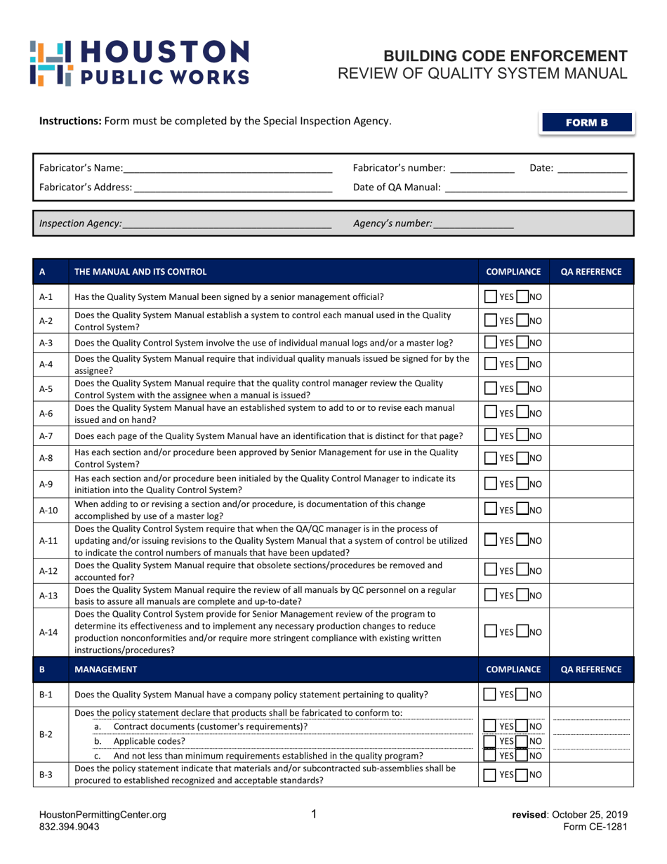 Form B (CE-1281) Review of Quality System Manual - City of Houston, Texas, Page 1