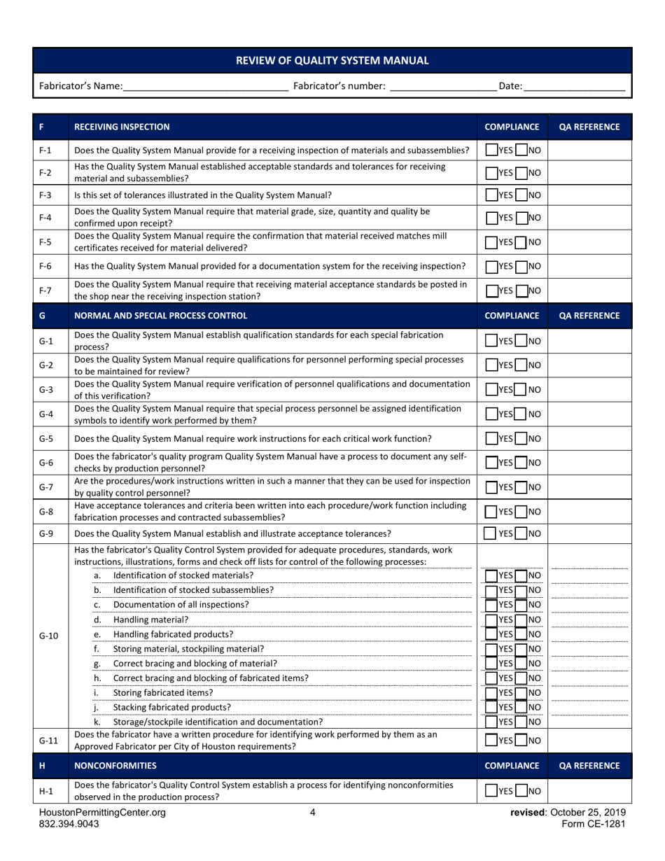 Form B (CE-1281) Review of Quality System Manual - City of Houston, Texas, Page 4