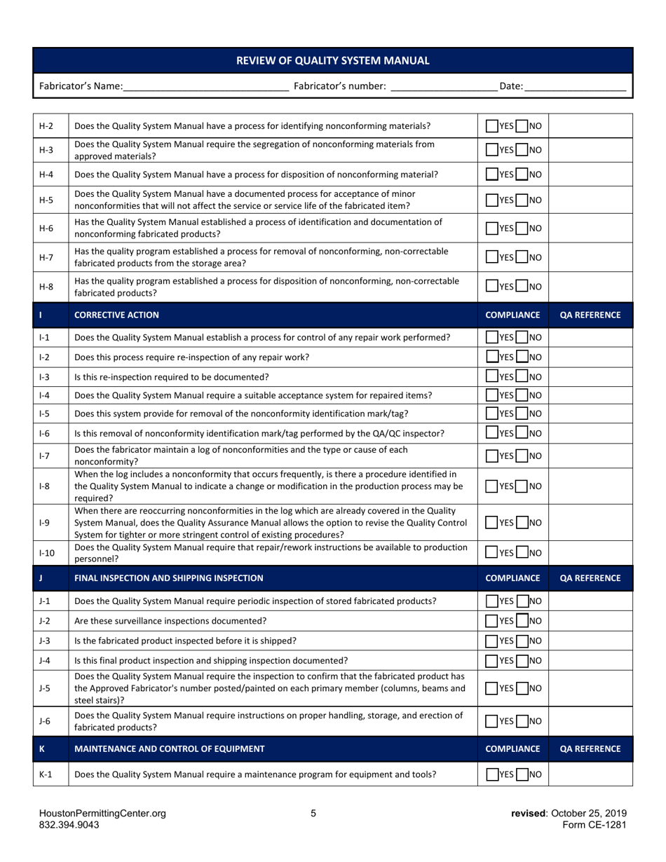 Form B (CE-1281) Review of Quality System Manual - City of Houston, Texas, Page 5