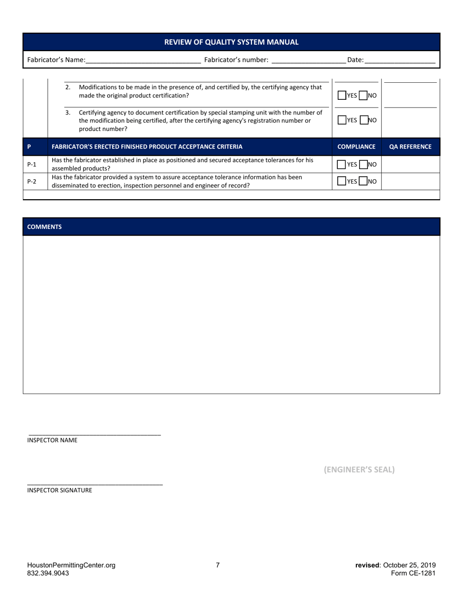 Form B (CE-1281) Review of Quality System Manual - City of Houston, Texas, Page 7