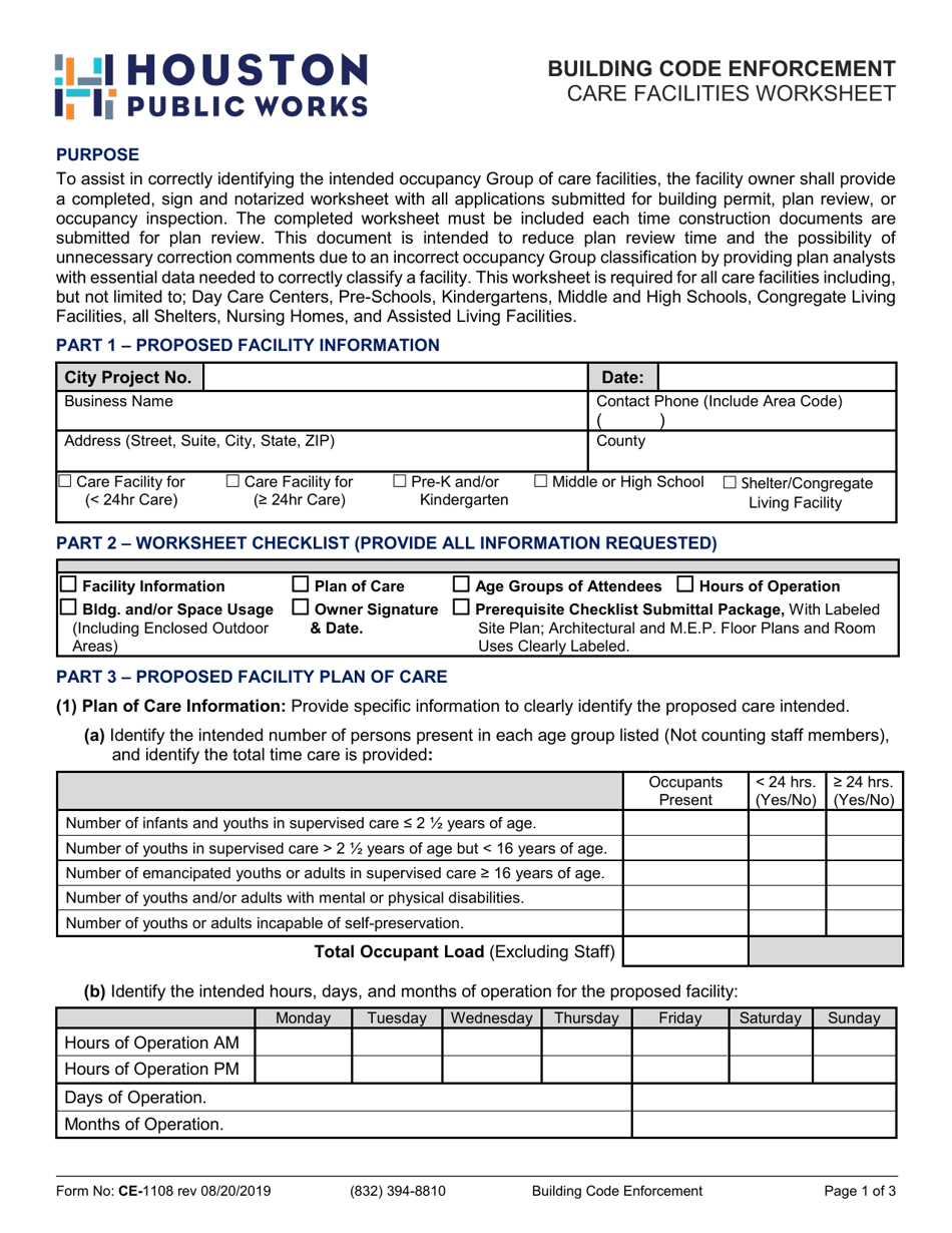 Form CE-1108 Care Facilities Worksheet - City of Houston, Texas, Page 1