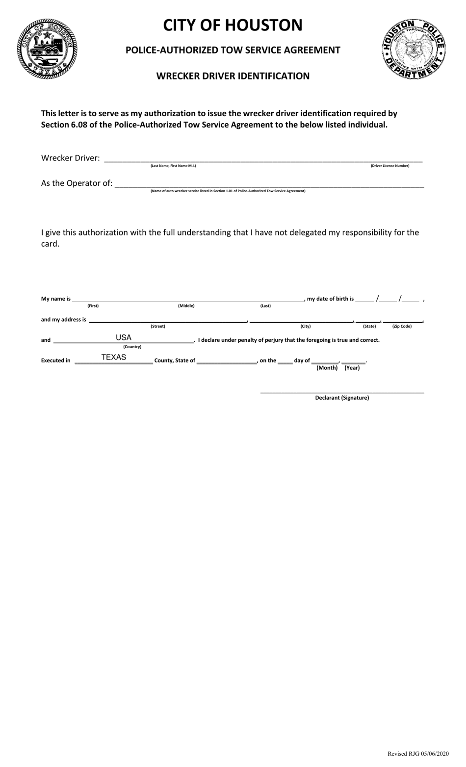 Application for License to Act as a Wrecker Driver - Ciyu of Houston, Texas, Page 3