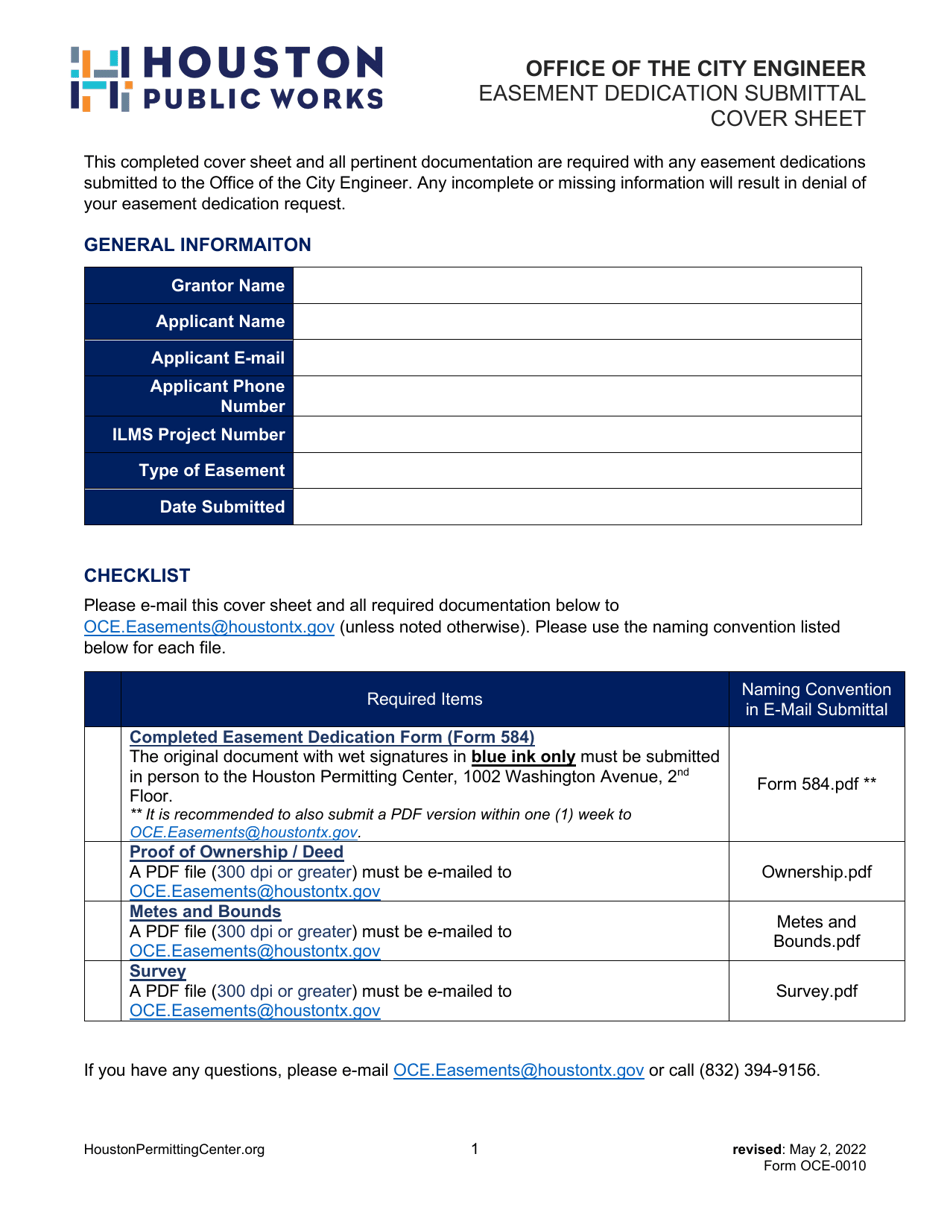 Form OCE-0010 Easement Dedication Submittal Cover Sheet - City of Houston, Texas, Page 1