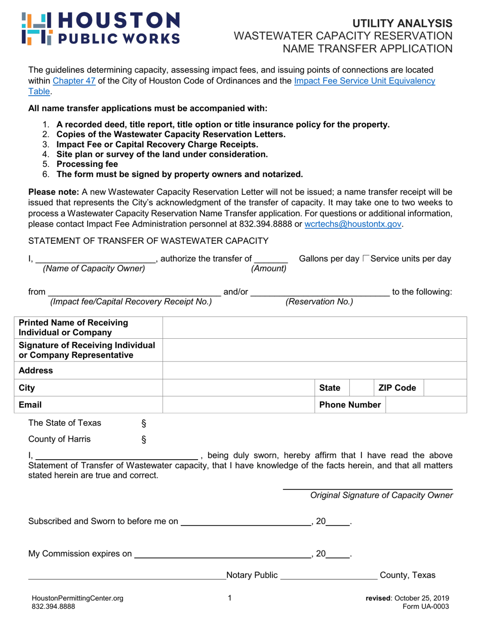 Form UA-0003 Wastewater Capacity Reservation Name Transfer Application - City of Houston, Texas, Page 1