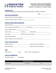 Document preview: Form CE-1230 Application for Placement Permit of Manufactured Home - City of Houston, Texas (English/Spanish)