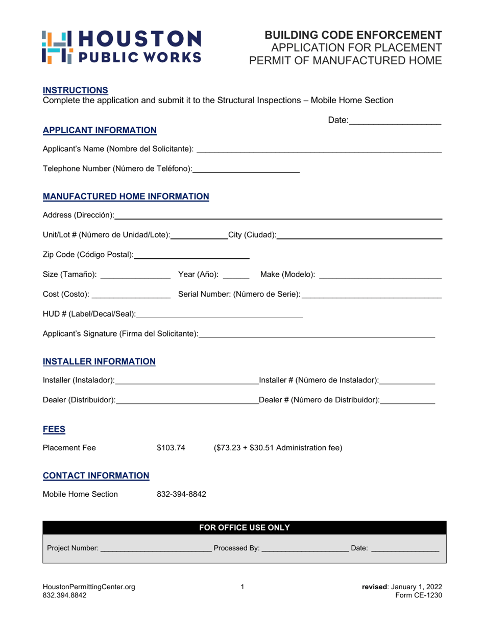 Form CE-1230 Application for Placement Permit of Manufactured Home - City of Houston, Texas (English / Spanish), Page 1
