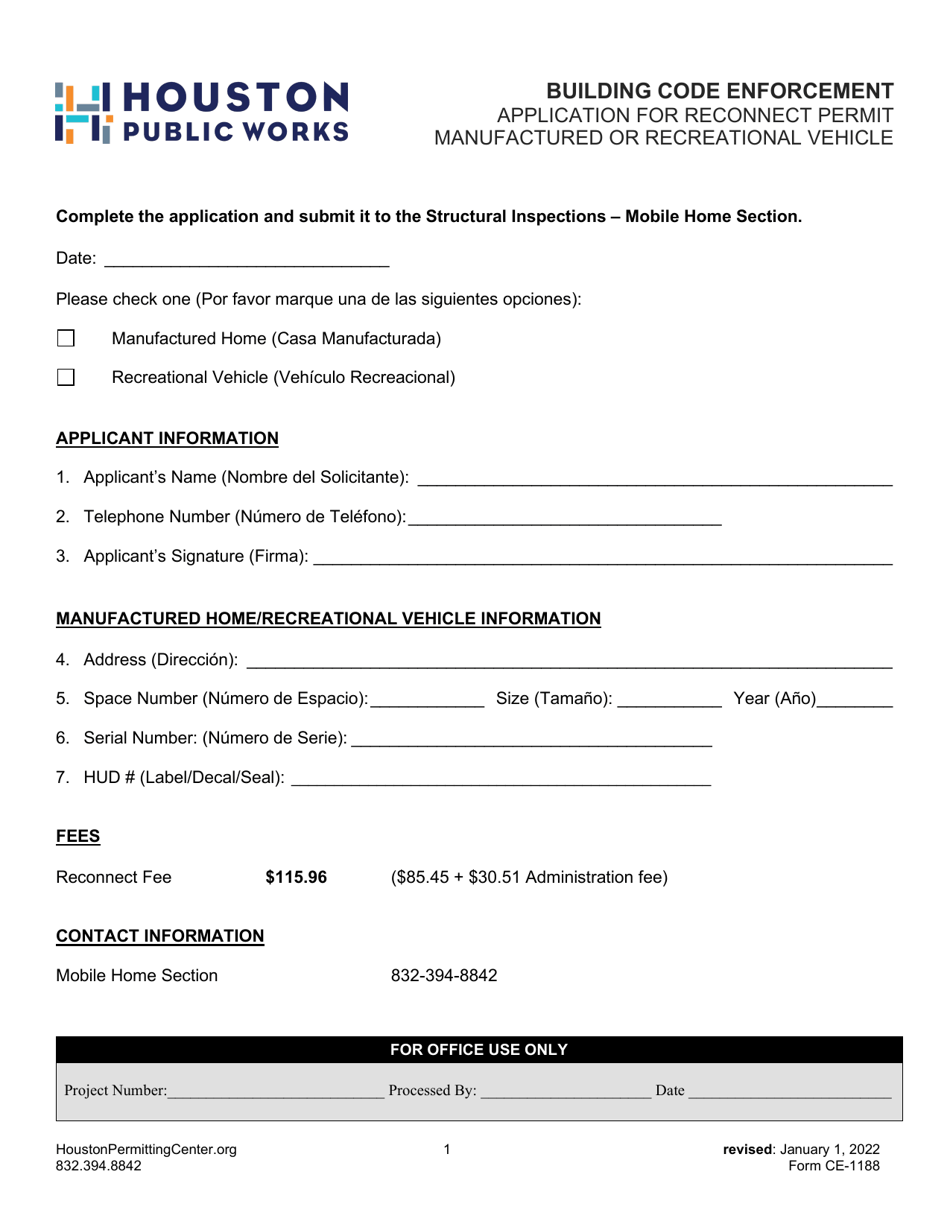Form CE-1188 Application for Reconnect Permit Manufactured or Recreational Vehicle - City of Houston, Texas (English/Spanish), Page 1