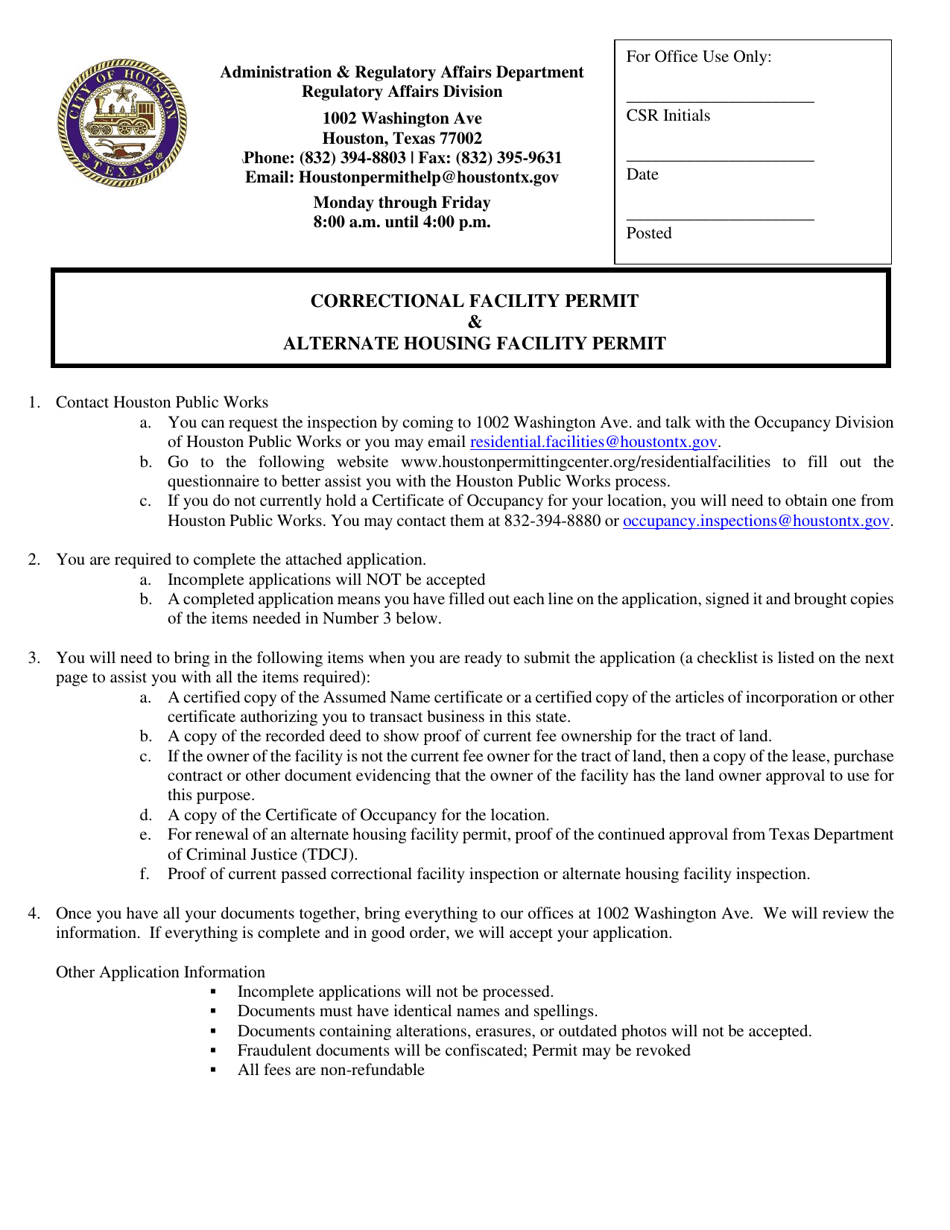 City of Houston, Texas Correctional Facility & Alternate Housing Facility Application Fill Out