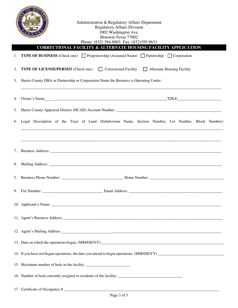 Correctional Facility  Alternate Housing Facility Application - City of Houston, Texas, Page 3