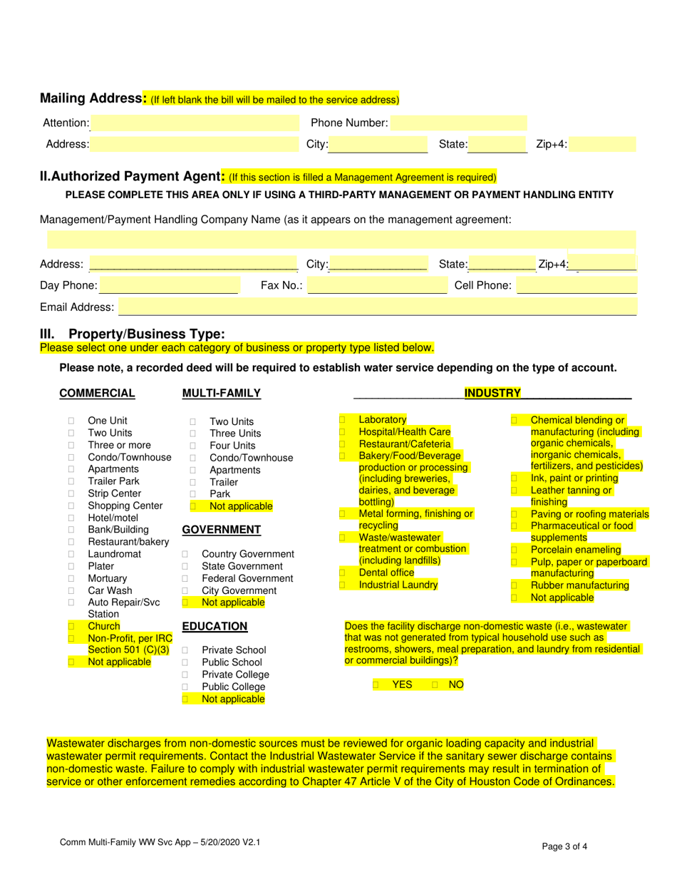 Application for Water / Wastewater Service - City of Houston, Texas, Page 3