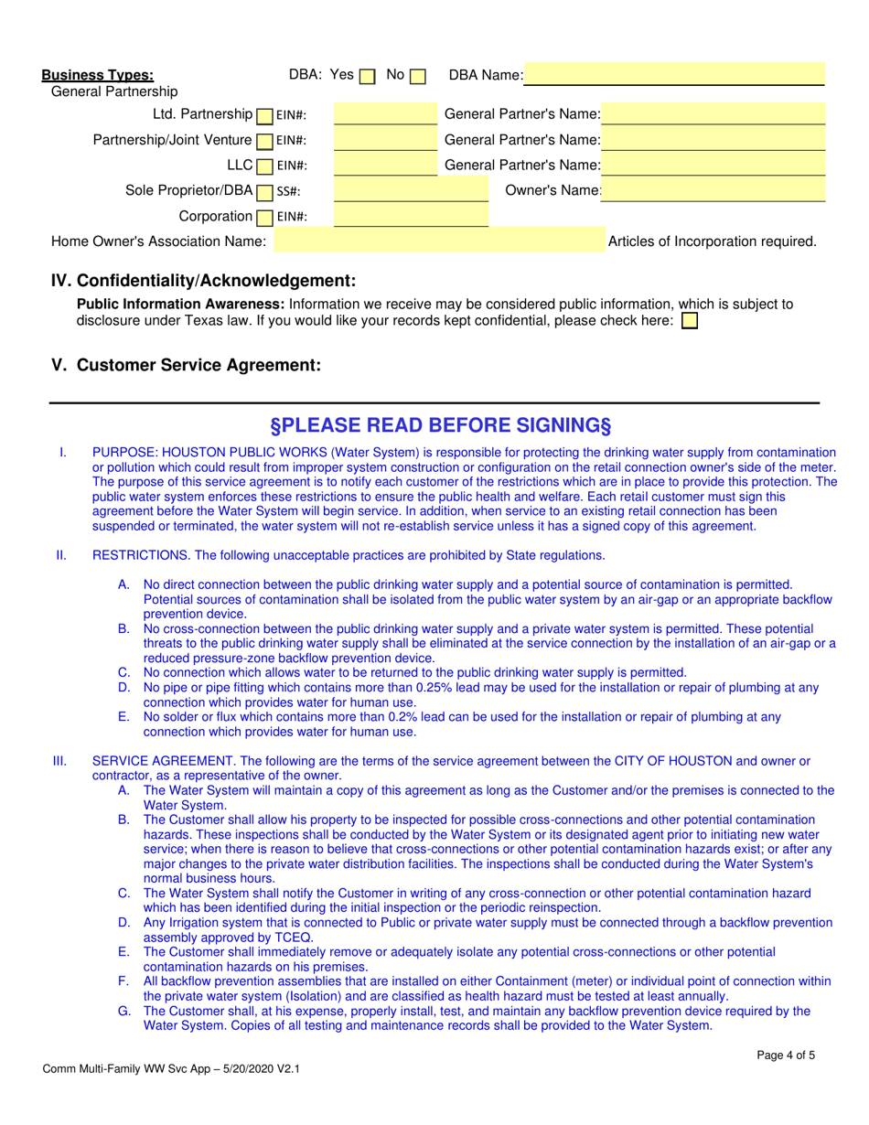 Application for Water / Wastewater Service - City of Houston, Texas, Page 4