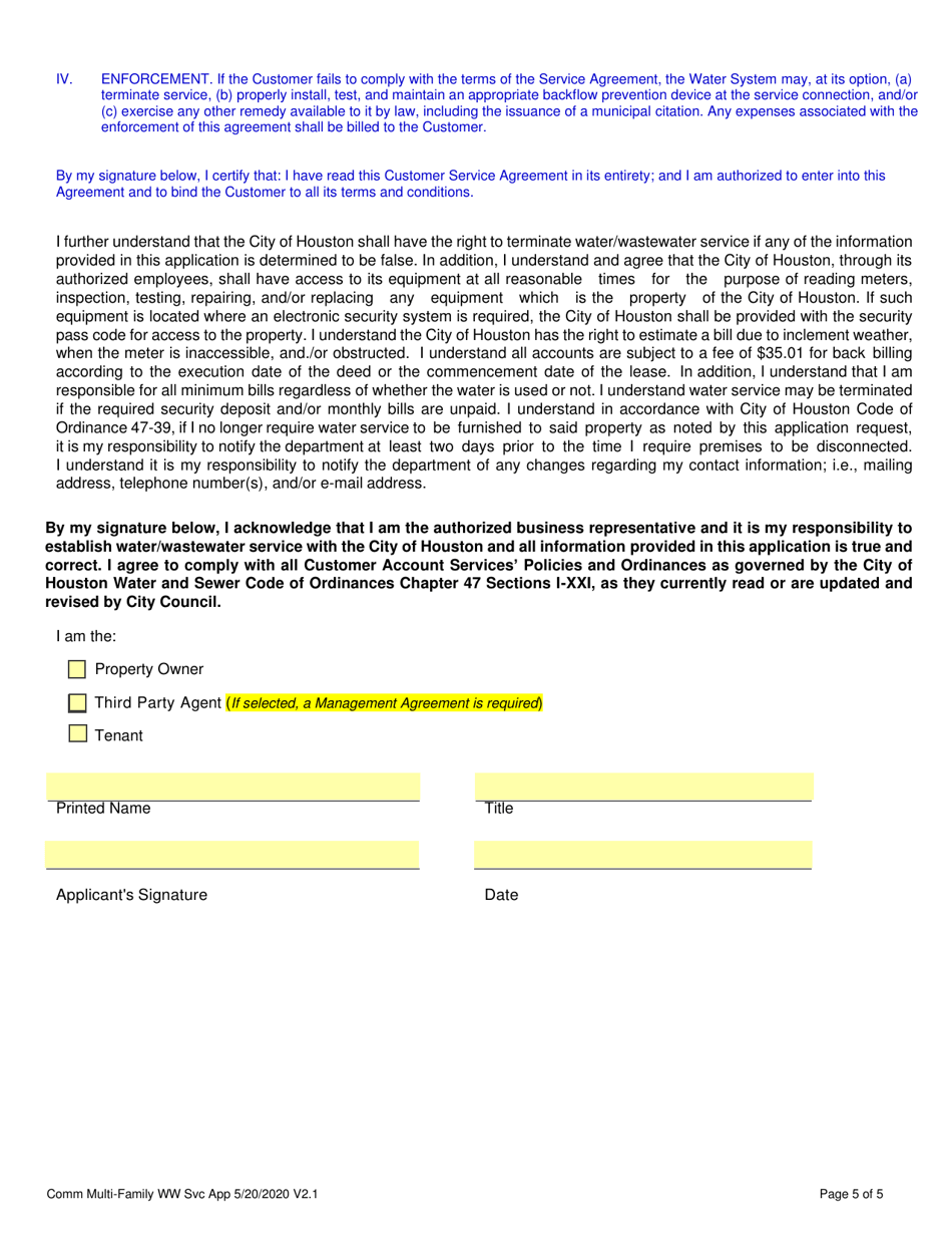 Application for Water / Wastewater Service - City of Houston, Texas, Page 5
