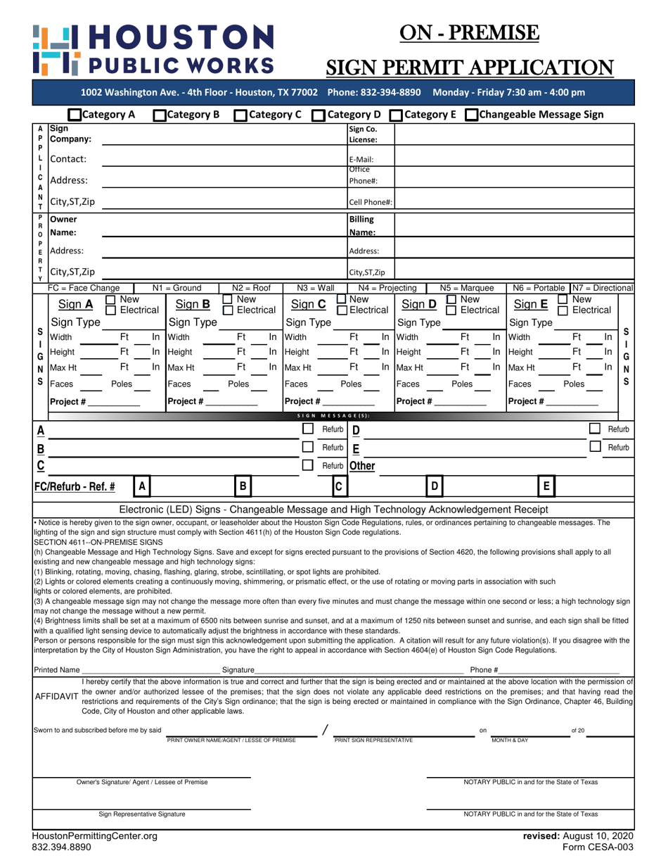 Form CESA-003 On - Premise Sign Permit Application - City of Houston, Texas, Page 1