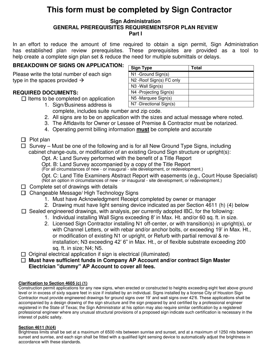 Sign Administration General Prerequisites Requirements for Plan Review - City of Houston, Texas, Page 1